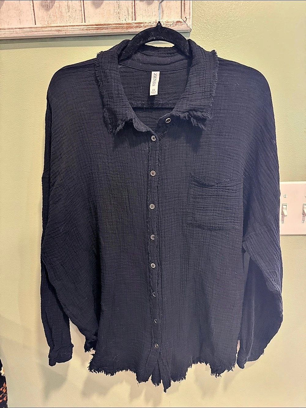 Zenana Frayed Edge Cotton Blouse in Black